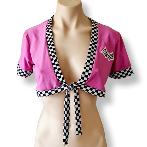 Pink and white cosplay / dress-up costume, car racing flag girl top fits AU 6-14 - Picture 4 of 6